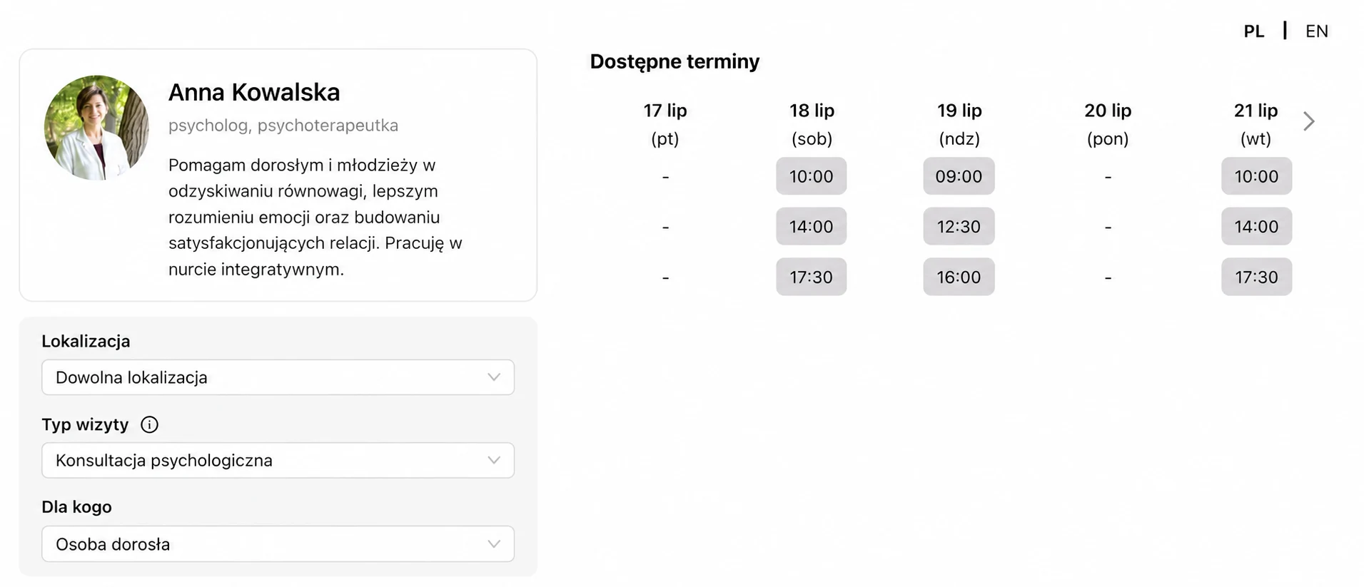 Personal MyMedCal specialist widget with a profile, location and service filters, and available appointment times